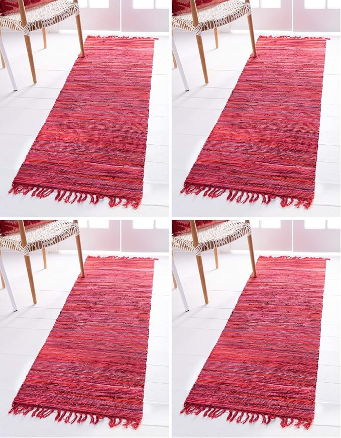 Unique Loom Chindi Cotton Collection Soft Hand Woven Natural Fiber Striped Area Rug, 2 ft 2 in x 6 ft 7 in, Red/Purple (Pack of 4)