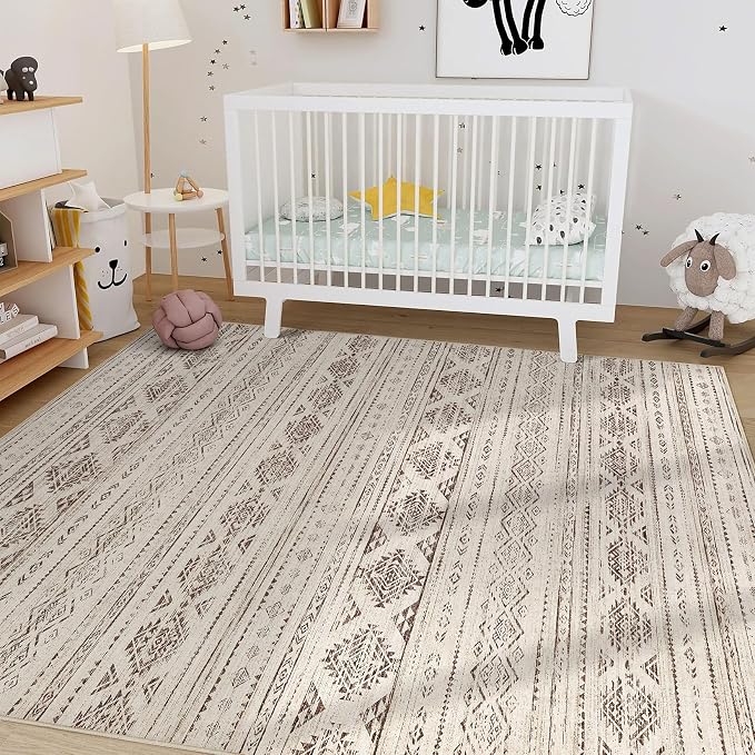 Nakagishi 5x8 Area Rug Living Room: Washable Boho Large Neutral Soft Farmhouse Rugs Stain Resistant Modern Indoor Floor Non-Slip Carpet for Bedroom Nursery Kids Office Dining Room Dorm - Dark Brown