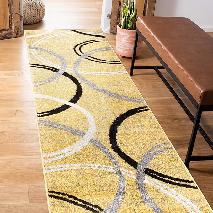 Rugshop Wavy Circles Non-Shedding Living Room Runner Rug Yellow 2' x 10'
