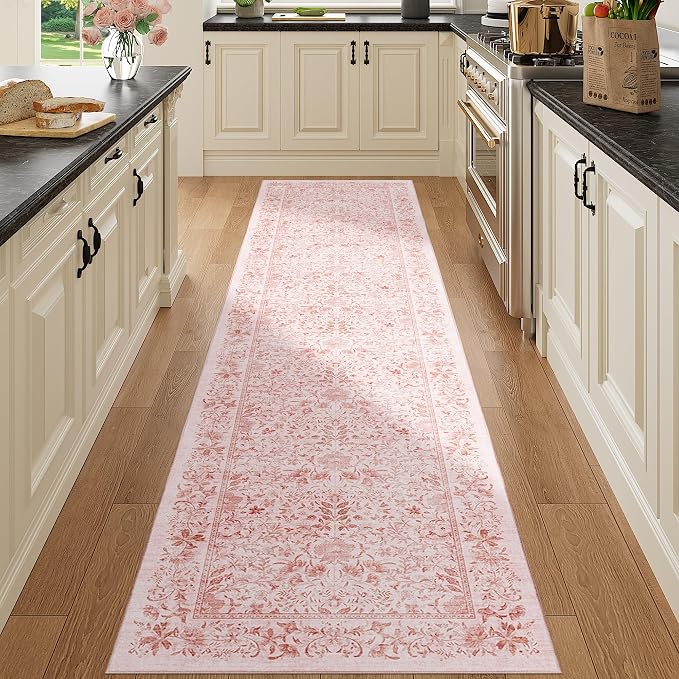 DUKINO 2.6x8 Runner Rug, Washable Vintage Floral Kitchen Rug, Pink | Non Slip, Low Pile, Non-Shedding, Stain Resistant, Soft Throw Carpet Runner for Hallway Bathroom Laundry Entryway Farmhouse