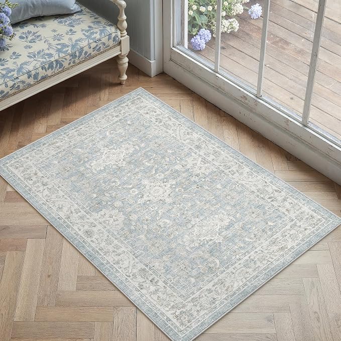 2x3 Blue Washable Area Rug Non Slip Vintage Doormat | Soft Low Pile, Lightweight Foldable, Pet Friendly, Entryway, Entrance, Kitchen, Bathroom, Laundry Room