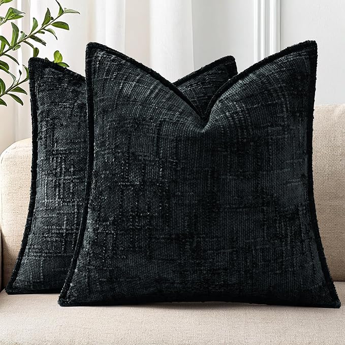 decorUhome Chenille Decorative Throw Pillow Covers 16x16 Set of 2,Black | Soft Texture, Slubby Modern Design, Flange Edges, Cozy Accent Pillow Covers for Couch, Sofa, Bed, Living Room