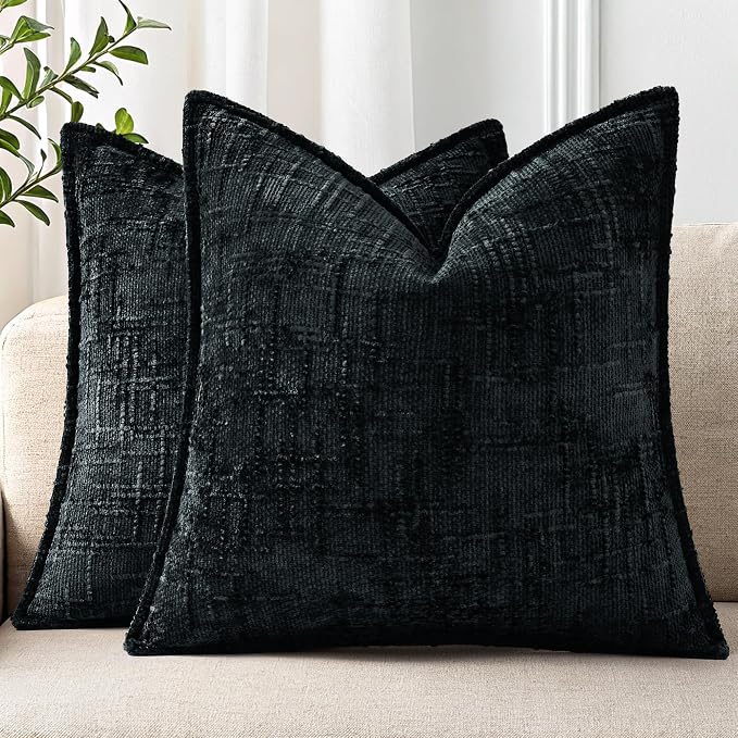 decorUhome Chenille Decorative Throw Pillow Covers 24x24 Set of 2,Black | Soft Texture, Slubby Modern Design, Flange Edges, Cozy Accent Pillow Covers for Couch, Sofa, Bed, Living Room