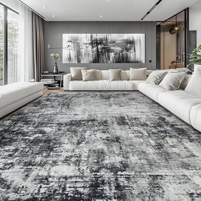 10x14 Area Rugs Large Living Room Rug Washable: Modern Abstract Rug Indoor Modern Carpet Non Slip for Dining Room Bedroom Nursery Home Office Black Grey