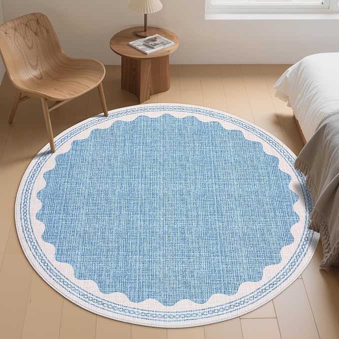 4ft Scalloped Round Rug Blue Washable Living Room Bedroom Area Rugs | Small Solid Rug for Bedroom Girls, Non Slip Scalloped Round Bath Mat, Soft Dorm Nursery Carpet for Bedside