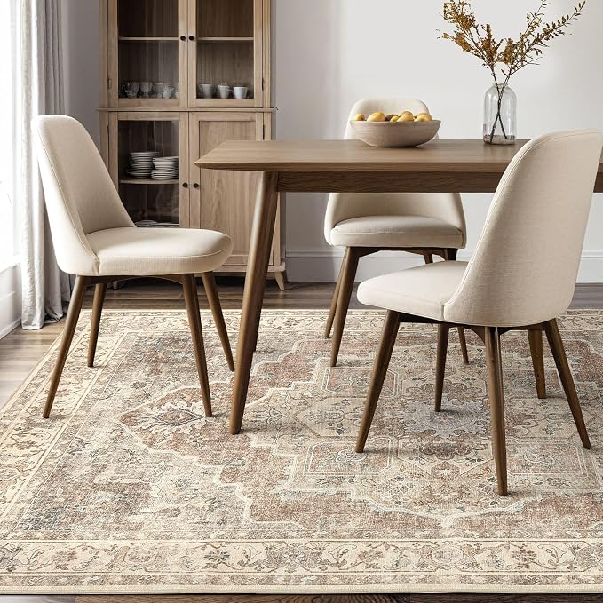8x10 Washable Area Rug: Vintage Neutral Soft Non Slip Thin Large Floor Carpet for Living Room Bedroom Kitchen Dining Room Home Office Farmhouse Indoor - Beige Brown