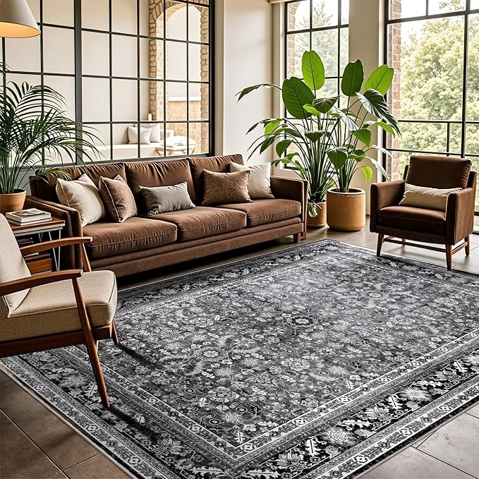 OPPODREAM Vintage Black Area Rugs 5x7, 5 x 7 Retro Washable Rug Non Slip, Low-Pile Faux Wool Carpet, Distressed Floor Mat for Living Room, Bedroom, Kitchen, Office, Dorm, Dinning Room