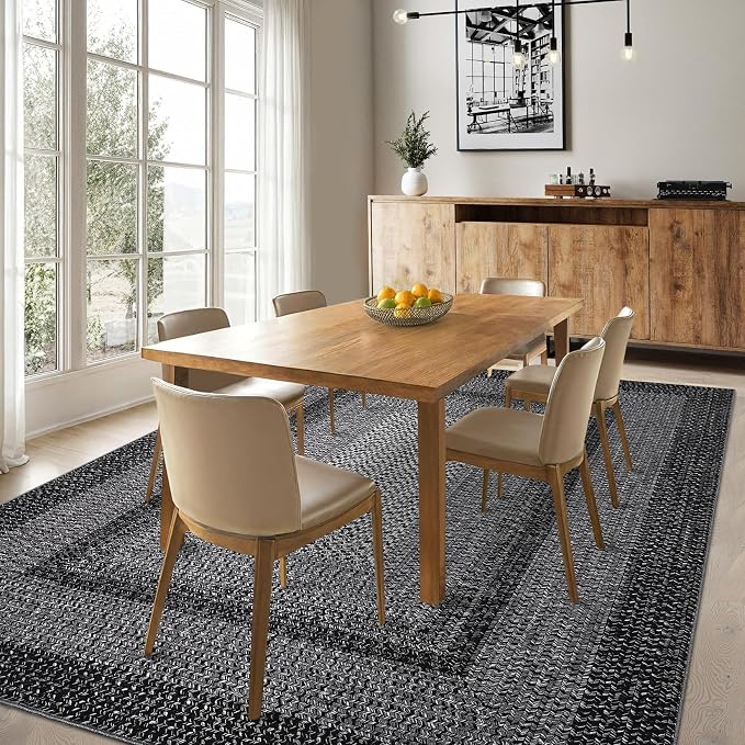 RUGSREAL Boho Rug 4x6 Bedroom Machine Washable Rug Braided Print Floor Cover Dining Room Throw Carpet with Rubber Backing Farmhouse Rustic Accent Rug for Living Room Home Decor, Black