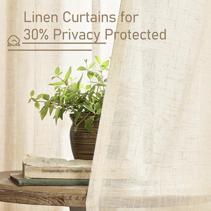 LAMIT Semi Sheer Beige Linen Curtains 36 Inch Length 2 Panels, Light Filtering Panels Back Tab and Rod Pocket Neutral Drapes for Bathroom/Kitchen/Loft Room, 25 x 36 Inch
