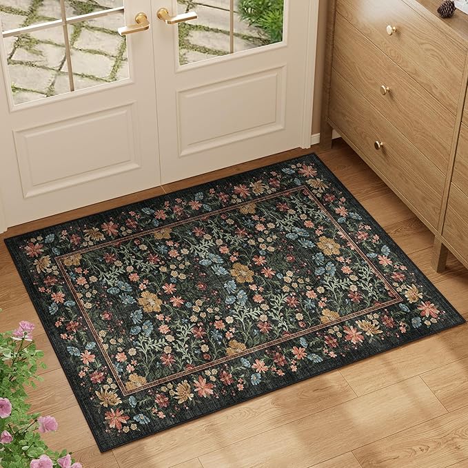 DUKINO 2x3 Entryway Rug, Washable Vintage Floral Area Rug, Black | Non Slip, Low Pile, Non-Shedding, Soft Indoor Door Mat, Small Front Door Throw Carpet for Bathroom Kitchen Entrance Bedroom