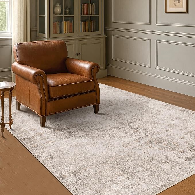 Hazo Haus Neutral Farmhouse Area Rug for Bedroom - 6x8 Washable Rug for Dining Room Table, Ultra-Thin Soft Textured Boho Indoor Decor, Fade & Stain Resistant