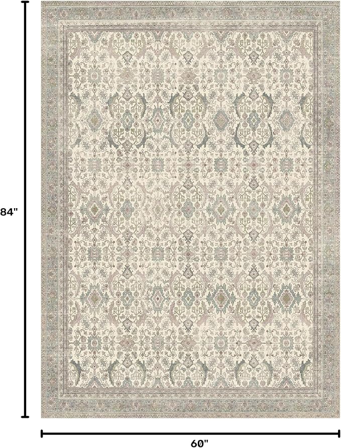 BESBLEE 5X7 Area Rugs Machine Washable Rugs for Living Room, Vintage Boho Large Rugs for Bedroom Dining Room, Non Slip Indoor Soft Distressed Lightweight Thin Low Pile Carpet, Cream