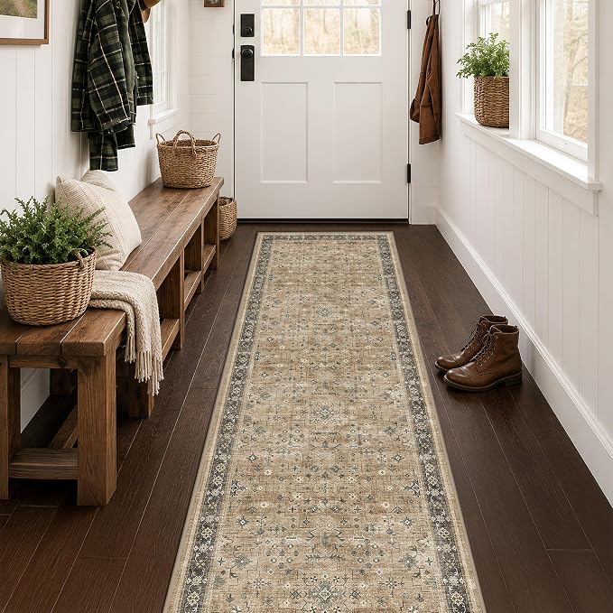 Hazo Haus Soft Taupe 2x7 Runner Rug for Hallway, Natural Runner Rug for Kitchen, Non-Slip Low-Pile Washable Stain Resistant, Vintage Boho Earthy Décor