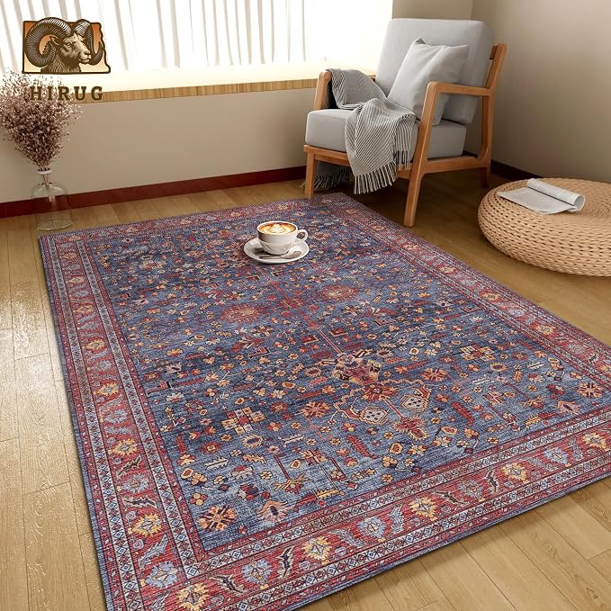 Washable Area Rug 4' x 6' Vintage Traditional Persian Mat - Foldable Distressed Non-Slip Machine Washable Carpet for Living Room Bedroom Kitchen Home Decor - Indigo and Crimson