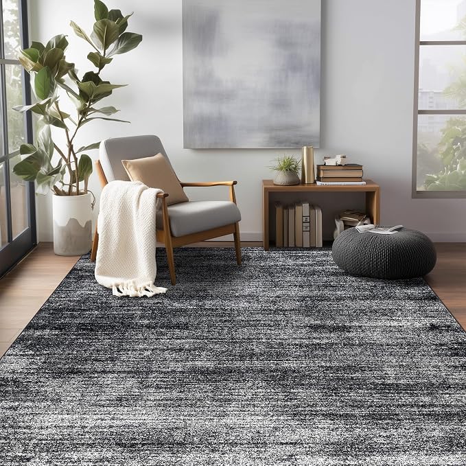 Black and White Rug for Room Abstract Modern Boho Soft Washable Rugs 5x7 | Aesthetic Neutral, Office Chair Mat for Low Pile Floor Carpet, for Dorm Living Room, Non Slip Rubber Backing, Floor Covering