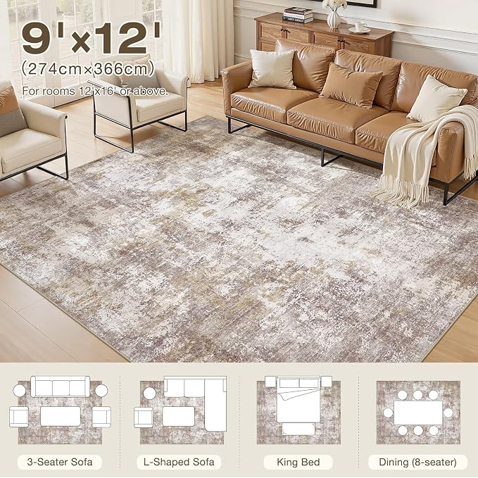 Area Rugs 9x12 Living Room, Washable Non Slip Bedroom Large Rug | Neutral Modern Abstract Carpet, Stain Resistant and Soft Low Pile, Made for Dining Room, Nursery, Home Office - Gold Brown