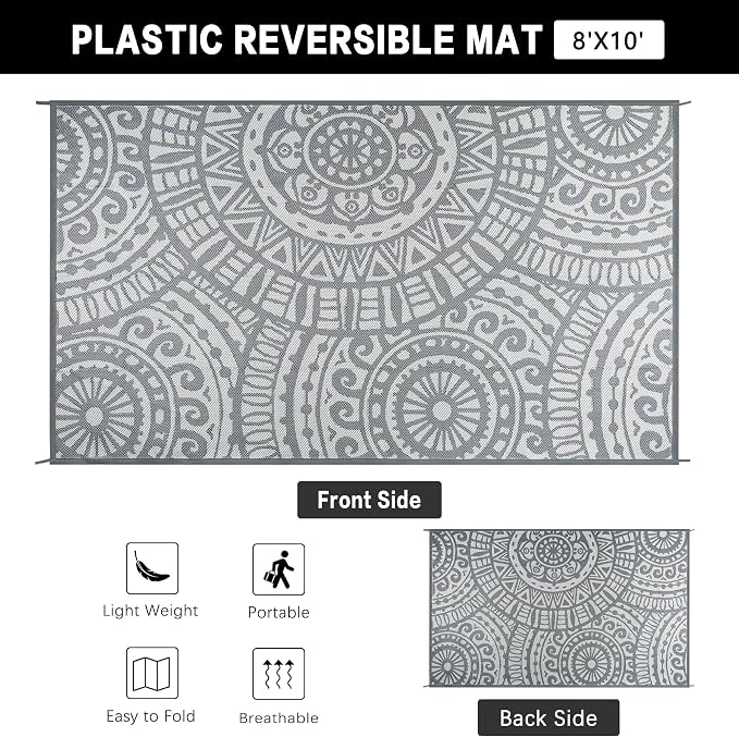 HUGEAR 8x10 Outdoor Boho Rug Grey Patio Waterproof Rug Home Decor Reversible Plastic Straw Rugs Outside Indoor Floor Mat for Camping Balcony RV Deck Porch Pool Backyard