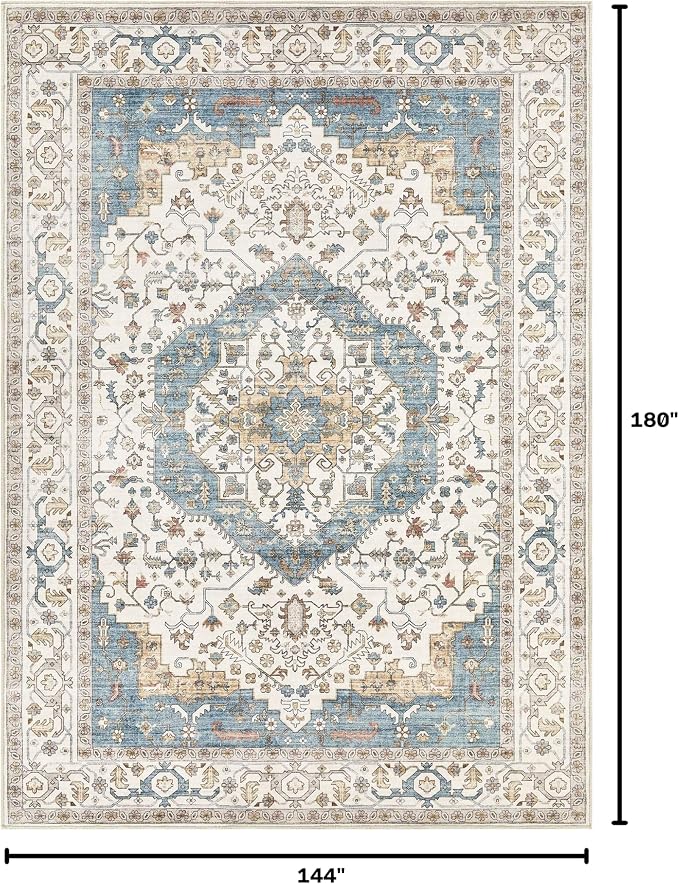 12x15 Area Rugs for Living Room - Large Carpet Ultra Thin Soft Washable Oriental Vintage Floral Distressed Big Indoor Carpets for Bedroom Nursery Dorm Home Decor Aesthetic - Blue/Beige