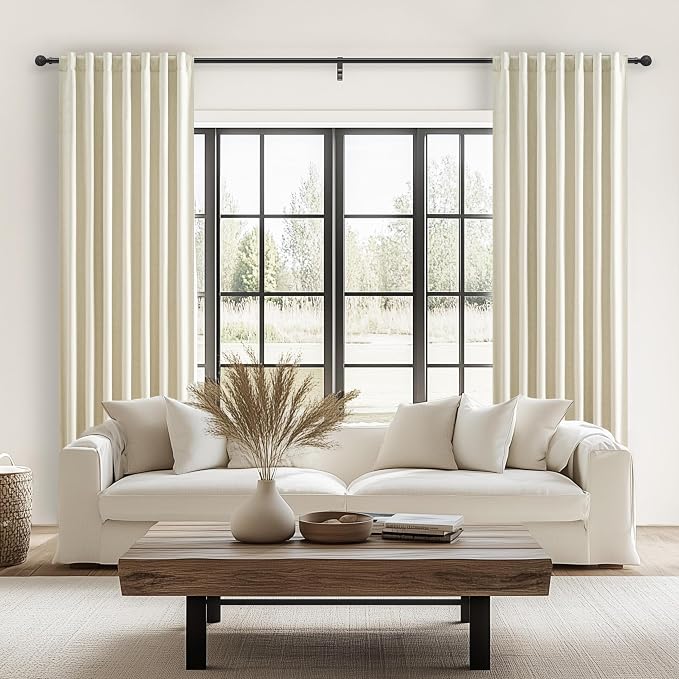 90 Inch Warm Cream Linen Blend Curtains for Living Room, Blackout Pleated Rustic Boho Curtain Room Darkening Privacy for Nursery/Office Thermal Windows Drapes 2 Panels Set with Back Tab Rod Pocket