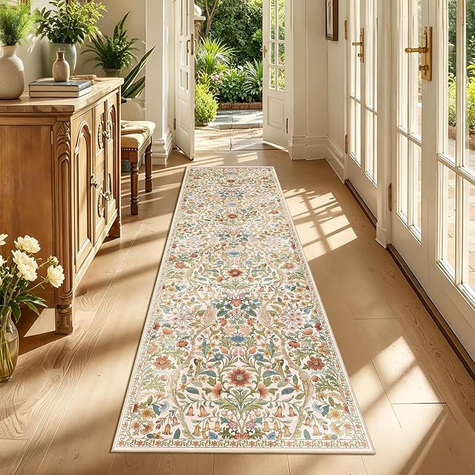 2’6″x 8’ Washable Runner Rug, Beige Boho Area Rug for Hallway, Low-Pile Non-Slip Stain Resistant Long Carpet for Kitchen, Bedside,Laundry Room,Entryway