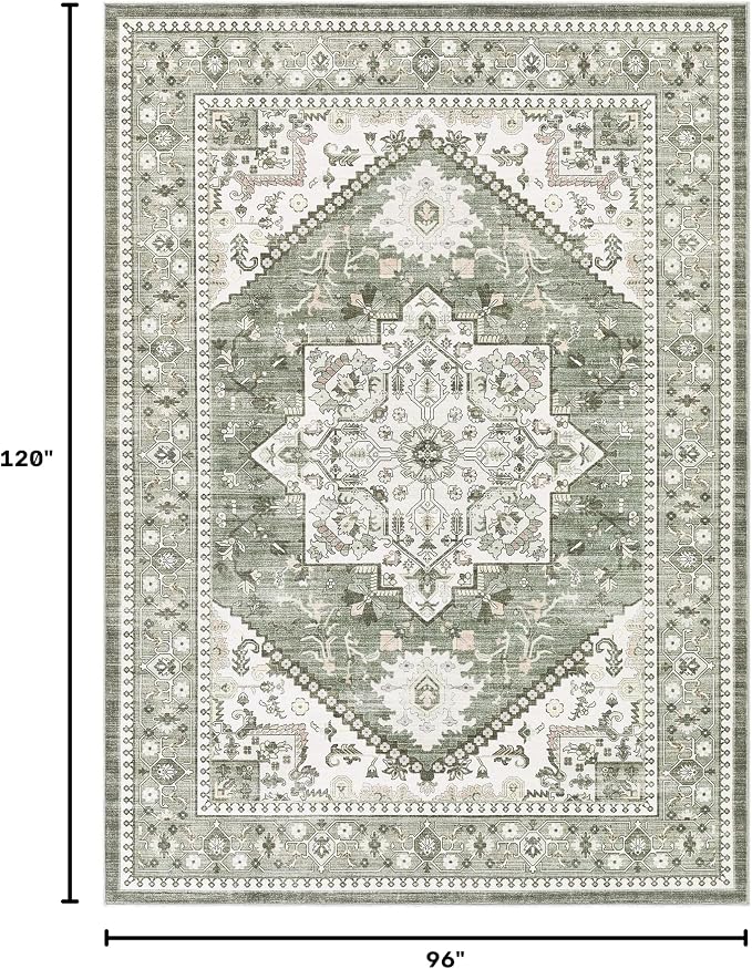 8x10 Vintage Area Rug: Washable Neutral Soft Non Slip Thin Large Floor Carpet for Living Room Bedroom Kitchen Dining Room Home Office Farmhouse Indoor - Green