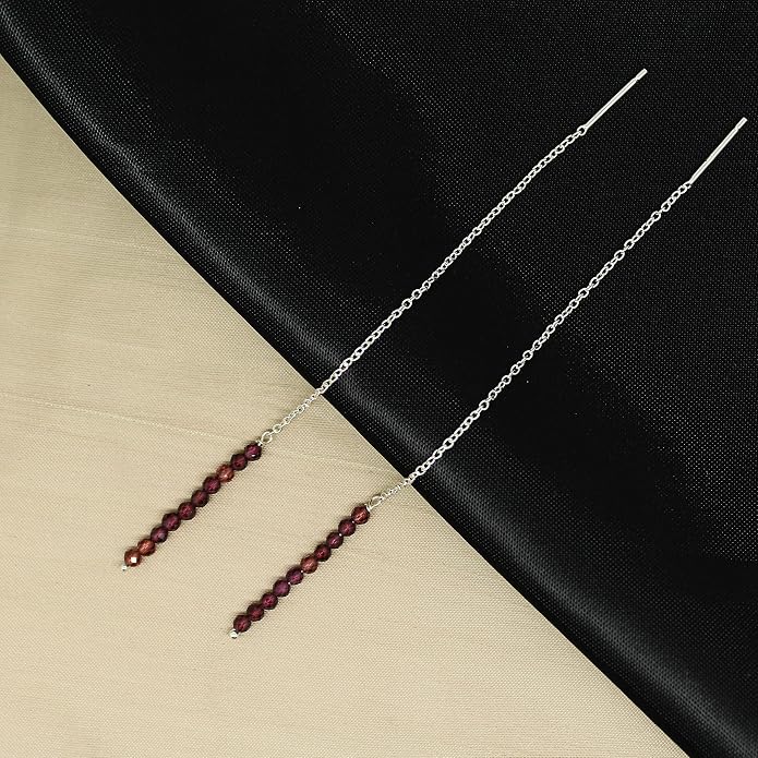 Sterling Silver Threader Earrings with Real Gemstone Beads - Elegant Pull-Through Design for Women, Dangling Western Earrings, Long and Short Adjustable Earring