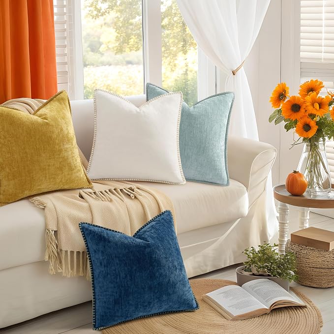 decorUhome Fall Soft Decorative Chenille Throw Pillow Covers 20x20 Set of 4 | Aqua Blue Cozy Decorative Modern Farmhouse Neutral Pillow Cases with Stitched Edge for Couch Sofa Bed Living Room Home Decor