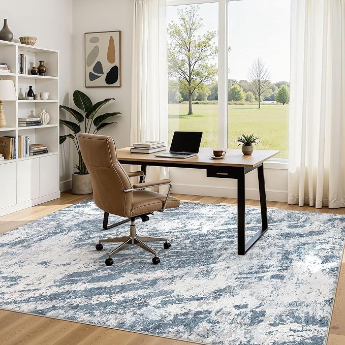 DMOYEST 5x7 Washable Area Rug: Abstract Modern Non-Slip Carpet, Soft Low Pile Indoor Neutral Easy Clean Floor Rugs for Living Room Bedroom Dining Room Kids & Pets - Blue