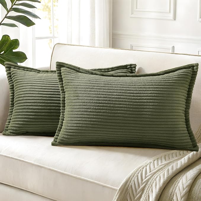 decorUhome Fall Corduroy Olive Green Throw Pillow Covers 12x20 Set of 2 | Lumbar Couch Decorative Soft Modern Boho Farmhouse Pillow Covers Broadside Striped Pillow Cases for Living Room Bed Sofa
