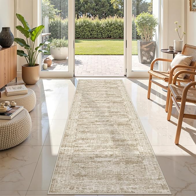 2x8 Runner Rug Non Slip,Washable Hallway Runner Rug,Brown | Neutral Rugs for Kitchen,Entryway,Bedroom,Bathroom,Nursery Room,Thin,Soft Runner Rug,Stain Resistant Indoor Carpet