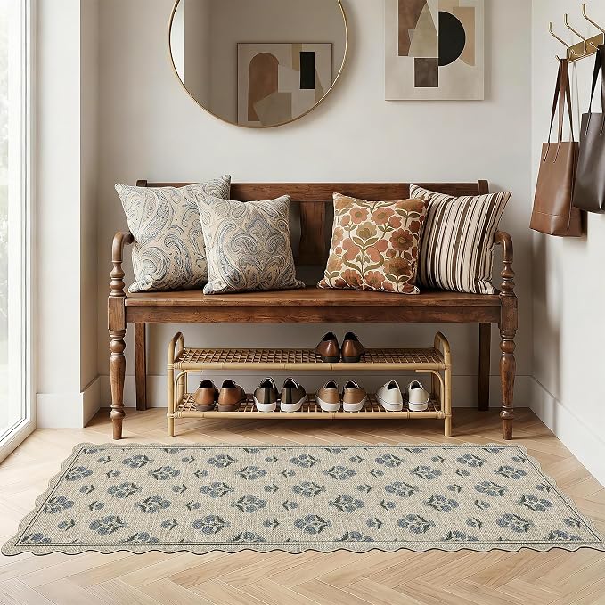 ORTIGIA Scalloped Easy Jute 2x6 Kitchen Runner Rug Vintage Blue Block Floral Farmhouse Washable Rug Non-Slip Outdoor Carpet for Entryway Indoor Hallway Patio Laundry Room