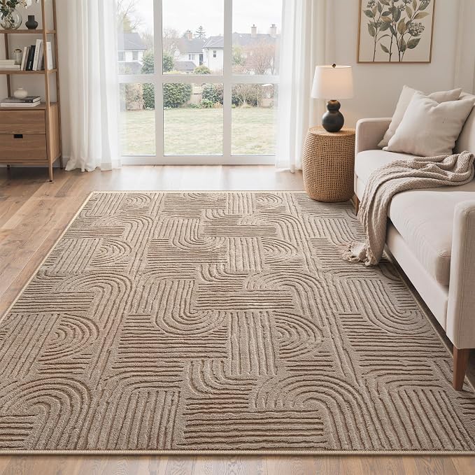 GENIMO Soft Washable Area Rugs 5x7, 3D Modern Arch Pattern Living Room Rug, High-Low Pile Textured Non Slip Carpet, Non-Shedding Stain Resistant Light Brown Rugs for Bedroom, Dining Room, Nursery