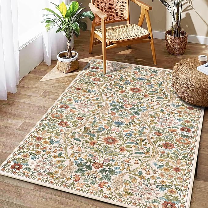 4x6 Beige Floral Boho Area Rug,Low-Pile Stain Resistant Non-Slip Machine Washable Carpet for Living Room,Bedroom, Kitchen,Entryway,Dining Room, Nursery
