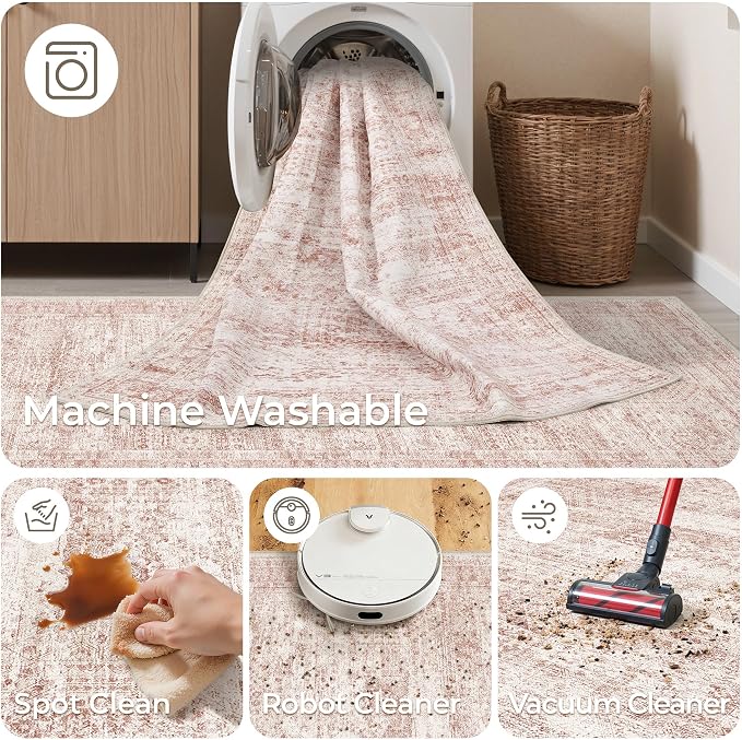 2x8 Runner Rug Non Slip,Washable Hallway Runner Rug,Pink | Neutral Rugs for Kitchen,Entryway,Bedroom,Bathroom,Nursery Room,Thin,Soft Runner Rug,Stain Resistant Indoor Carpet