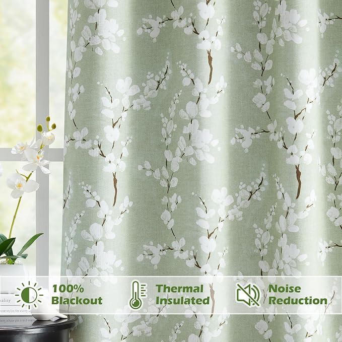 FMFUNCTEX 100% Blackout Green Floral Curtains, Rod Pocket 18 Inch 1 Panel | Black Out Drapes, Thermal Insulated, Blossom Patterned Short Panel for Kitchen Curtains, Cafe, Bathroom, Door Glass
