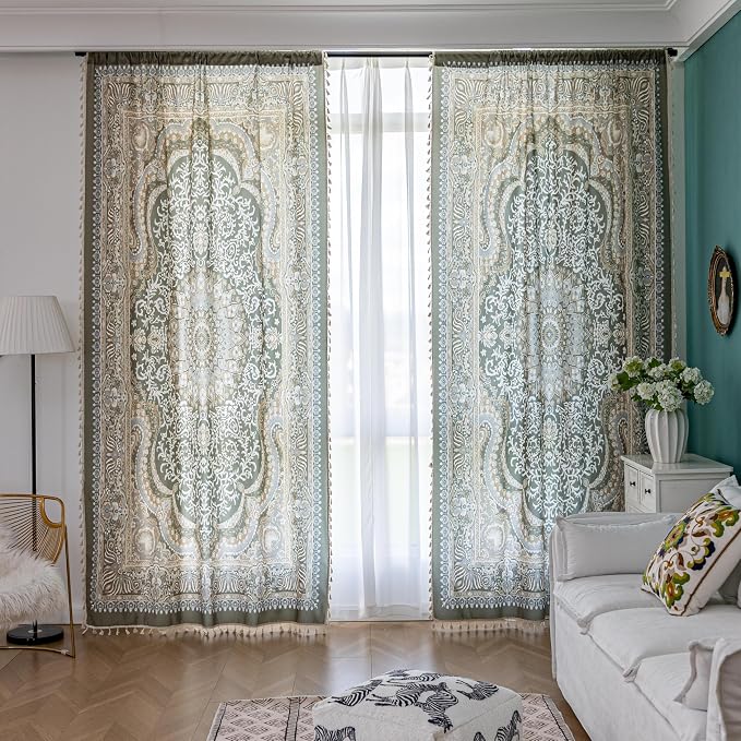 Sage Green Medallion Curtains 63 Inches Long, Boho Farmhouse Light Filtering Rod Pocket Drapes with Tassel Trim for Bedroom Living Room, 2 Panels
