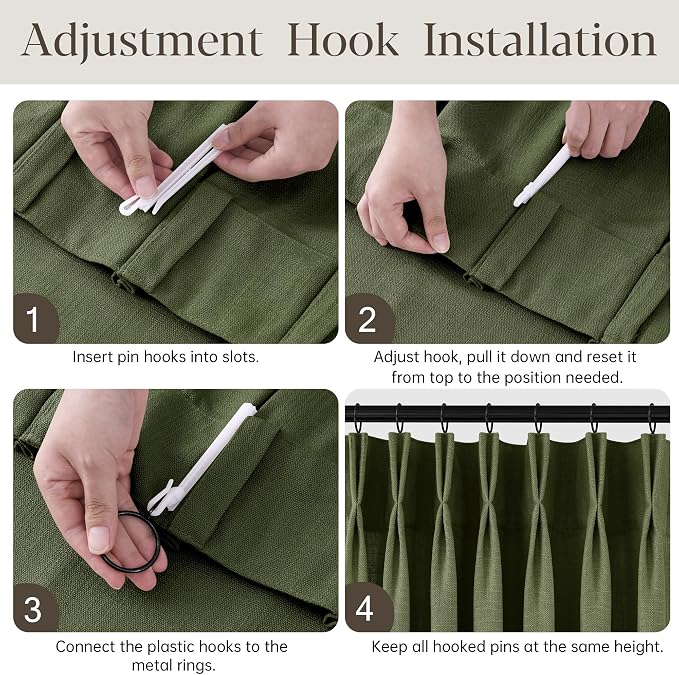 Olive Green Pleated Linen Curtains 108 Inches Long for Living Dining Room Bedroom Light Filtering Boho Window Drapes 2 Panels with Hooks Rings Clips Sliding Glass Door Semi Sheer Curtain Pinch Pleat