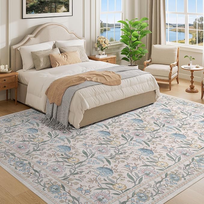 DUKINO 8x10 Area Rug Vintage Floral Washable Rug for Living Room Cream Blue | Non Slip, Low Pile, Non-Shedding, Stain Resistant Boho Soft Indoor Large Carpet for Bedroom Dining Room Farmhouse, Home Decor