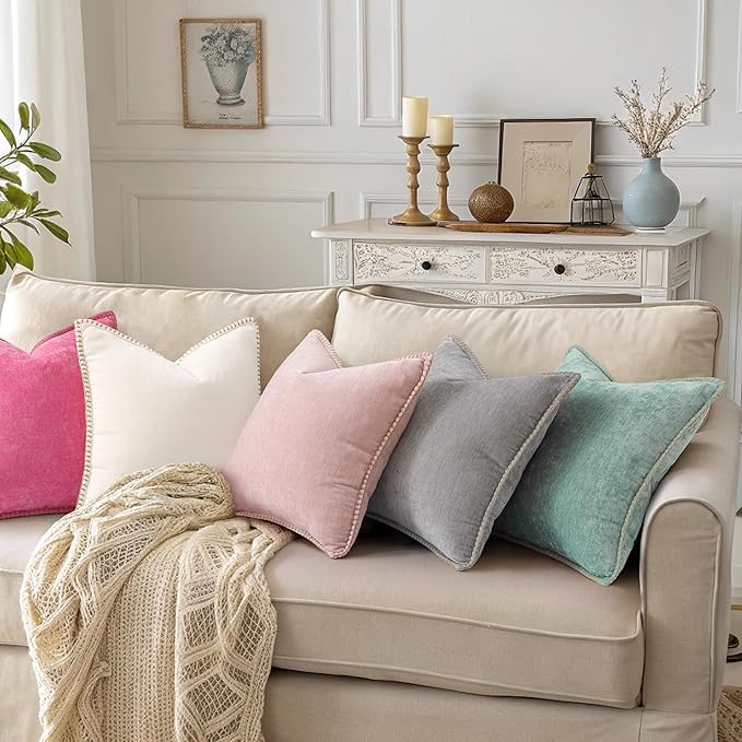 decorUhome Soft Chenille Throw Pillow Covers 22x22 Set of 2 Neutral Gray | Fall Textured Decorative Throw Pillow Cases Stitched Edge Modern Farmhouse Luxury Boho Velvet for Couch Sofa Bed Home Decor