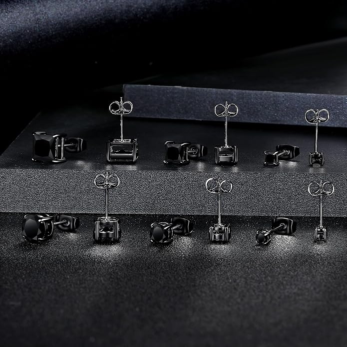 MDFUN 6 Pairs Stud Earrings Set 3mm/5mm/7mm Princess & Round Cubic Zirconia Earrings Hypoallergenic 316L Surgical Stainless Steel CZ Earrings for Women Men