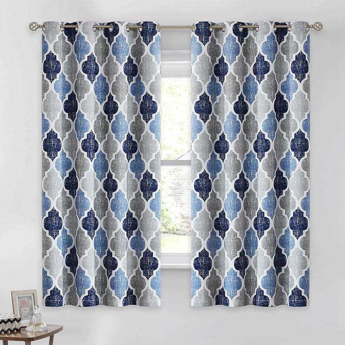 Beauoop Moroccan 100% Blackout Curtains Bedroom Blue Grey 50x54 2 Panels | Geometric Room Darkening Drapes for Living Room 54 Inch Long Thermal Insulated Soundproof Lattice Window Treatment Grommet