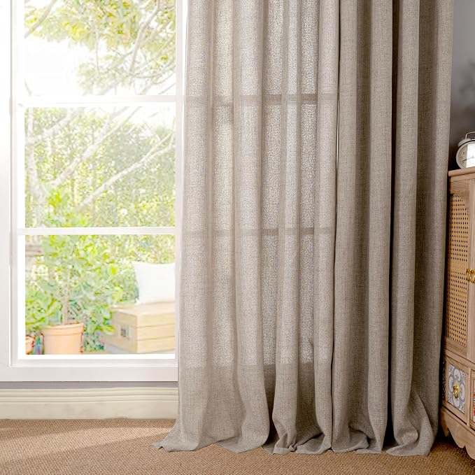 YoungsTex Linen Curtains 63 Inches Length Textured Short Drapes with Bronze Grommet 60 Inch Wide Light Filtering for Living Room Bedroom Dining Room, Dark Oatmeal, 60 x 63 Inch, 2 Panels