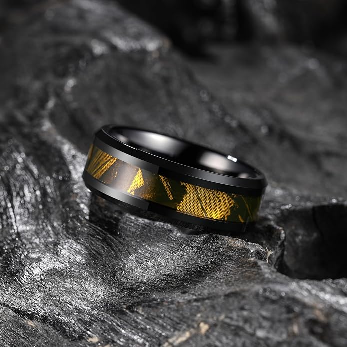 King Will Black Tungsten Wedding Band For Men, 8mm Promise Ring Inlay Red Twill Pattern/Colorful Wood Chips, High Polished Beveled Edge - Suitable For Daily Wear, Comfort Fit Size 7-14