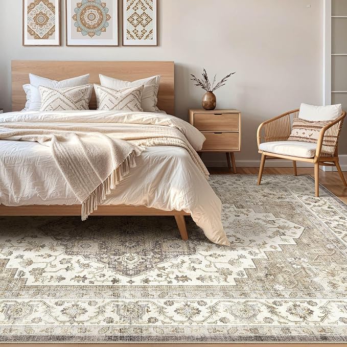 8x10 Area Rugs Living Room: Washable Boho Large Neutral Vintage Soft Rug Stain Resistant Farmhouse Non-Slip Indoor Floor Carpet for Bedroom Nursery Kids Playroom Office Dining Room Home- Brown Beige