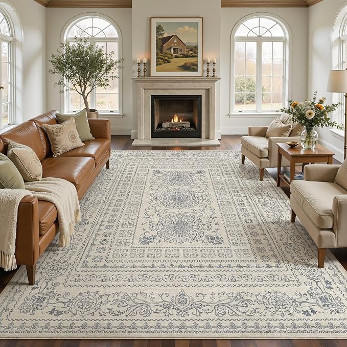 Nakagishi 10x14 Area Rugs Living Room: Washable Large Vintage Rug Neutral Non-Slip Soft Stain Resistant Indoor Carpet for Bedroom Nursery Dining Room Office Playroom - Blue/Beige