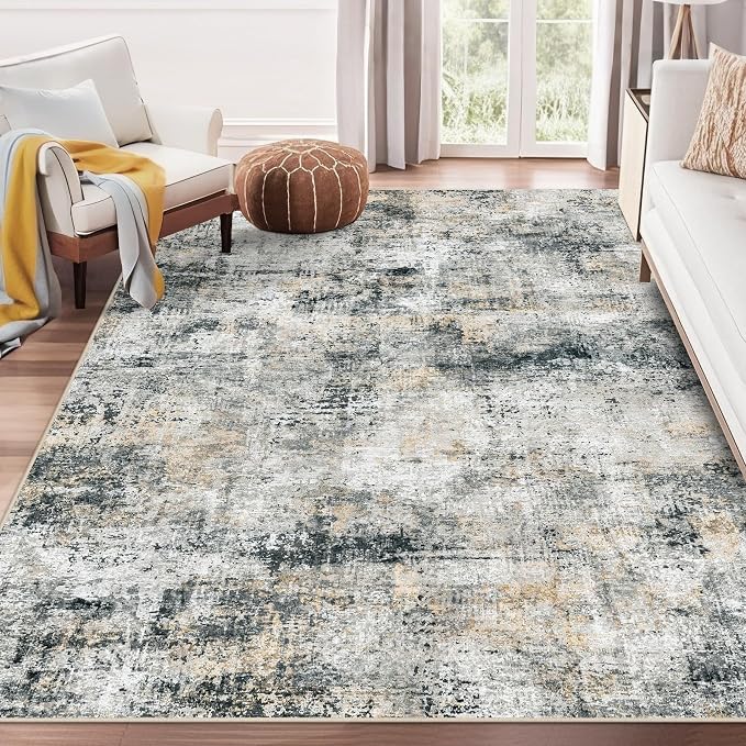 Area Rug Living Room Rugs: 5x7 Washable Rug with Anti-Slip Backing Non-Shedding Stain-Resistant Foldable Modern Abstract Carpet for Bedroom Dining Room Nursery Hallway Home Office Black Grey Brown