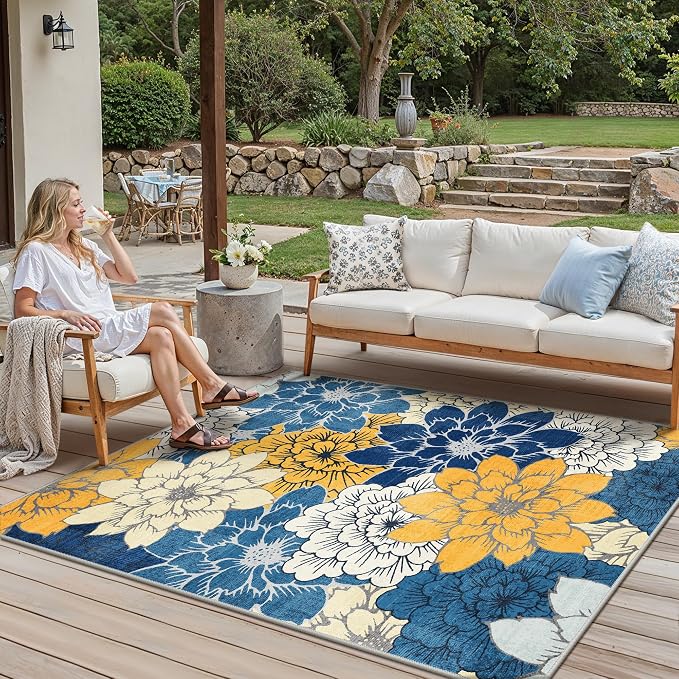 GENIMO 6x9 Outdoor Rug, Washable for Patio and Deck, Blue Yellow | Floral design for dining area; fade resistant chenille with quick-dry non-slip backing for indoor sunroom