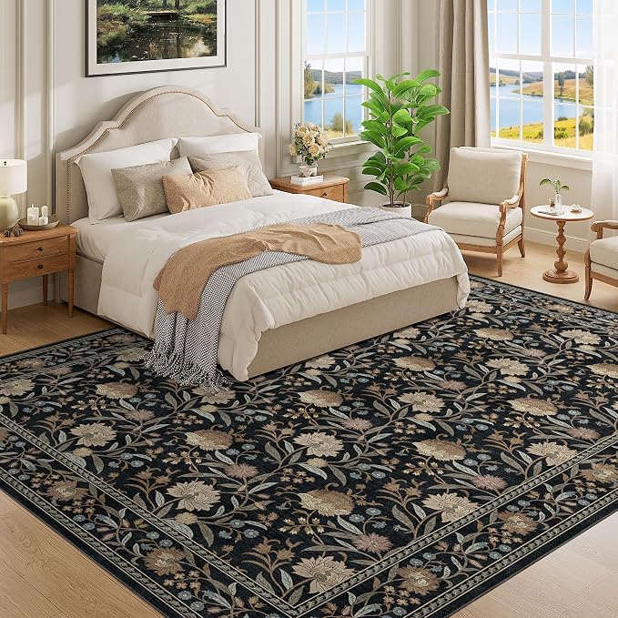 DUKINO 9x12 Area Rug for Living Room, Vintage Floral Washable Rug, Black | Non Slip, Low Pile, Non-Shedding, Stain Resistant, Aesthetic Soft Indoor Large Carpet for Bedroom Dining Room Farmhouse