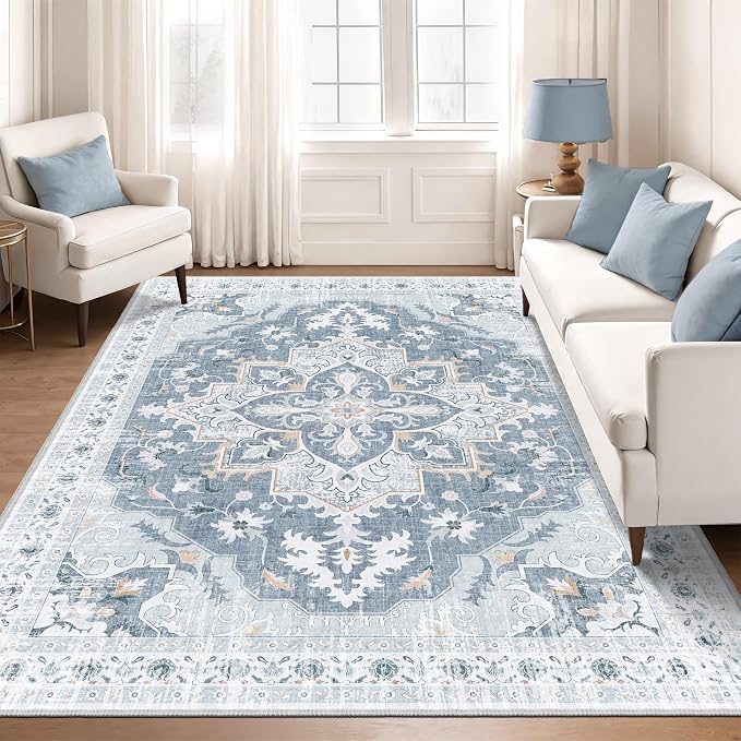 Area Rugs 5x7, Washable Rugs for Living Room, Soft Non-Slip Vintage Medallion Rug, Low-Pile Printed Blue Gray Rug for Bedroom, Dining Room, Nursery -Blue/Gray