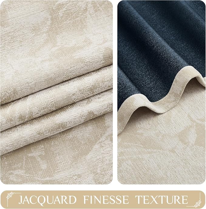 Beauoop Beige Floral Jacquard Blackout Curtains for Bedroom 52x84 2 Panels | Flower Chenille Room Darkening Drapes for Living Room 84 Inch Long Thermal Insulated Soundproof Window treatment Grommet